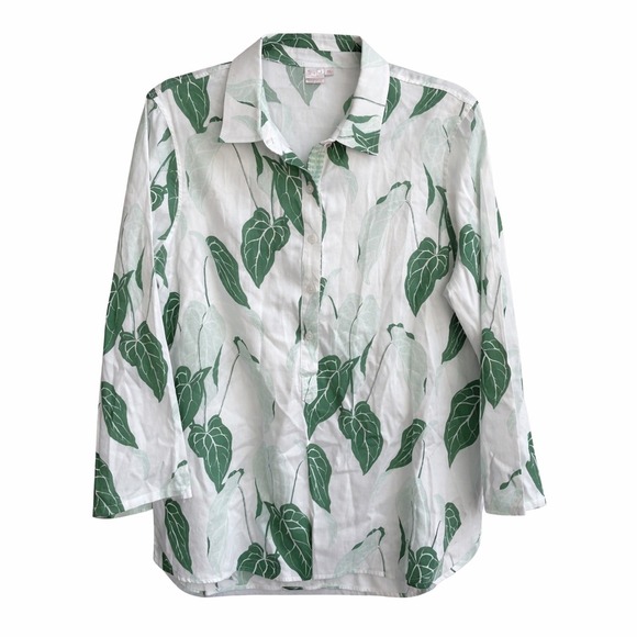 Persifor Tops - Persifor Leaf Print Shirt‎ Womens XL White Green Coastal Preppy Cotton Blouse